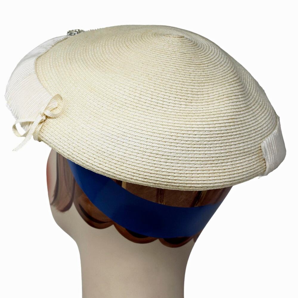 Vintage 50s Ivory Platter Hat w Rhinestone & Pleated Trim 11" Across - Hey Viv - Picture 5 of 9